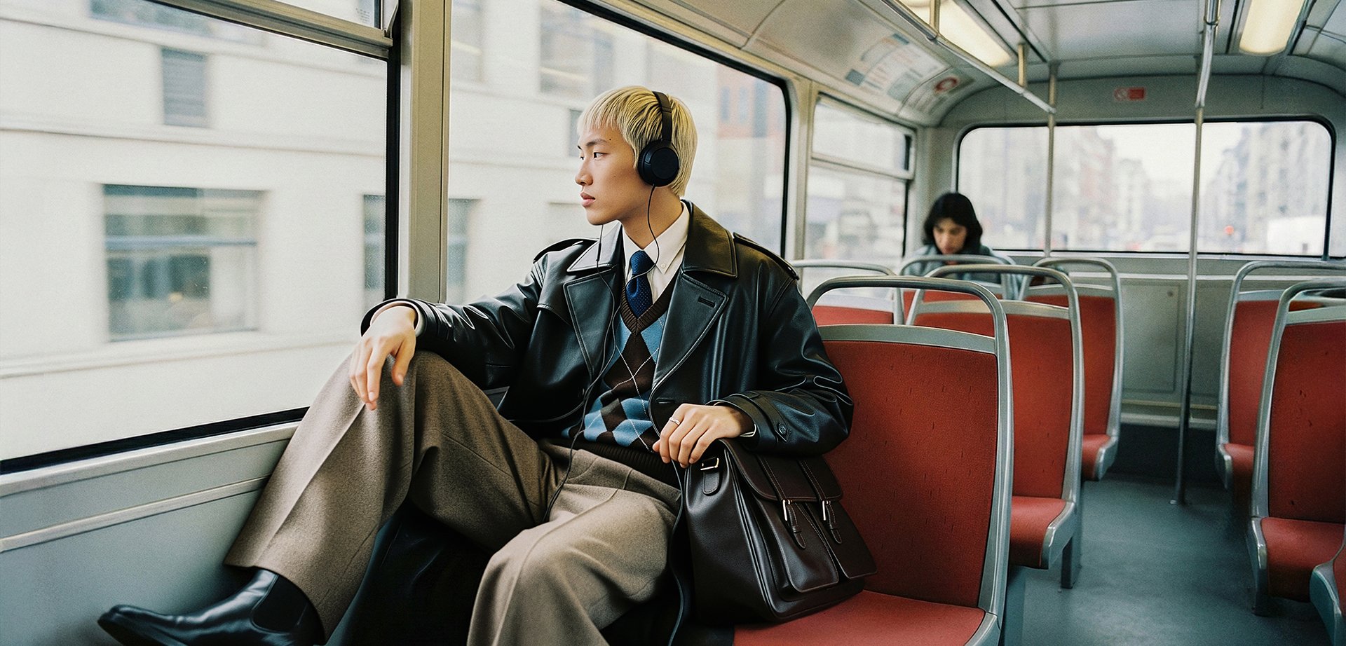 Personne portant une veste en cuir noire et un pull à motifs, assise dans un bus, portant un casque audio, avec un sac à main foncé et un pantalon gris.