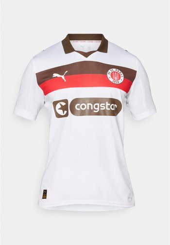 Maillot de sport blanc avec col marron et rayures horizontales rouges et marron. Comprend le logo Puma et le marquage "congstar" à l'avant.