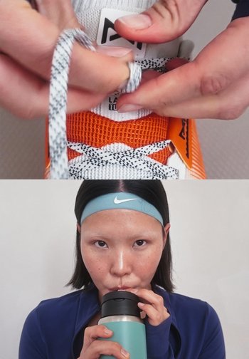 Calzado deportivo con una parte superior de malla naranja y acentos negros, siendo atado. Una persona con una cinta azul en la cabeza bebe de una botella metálica.