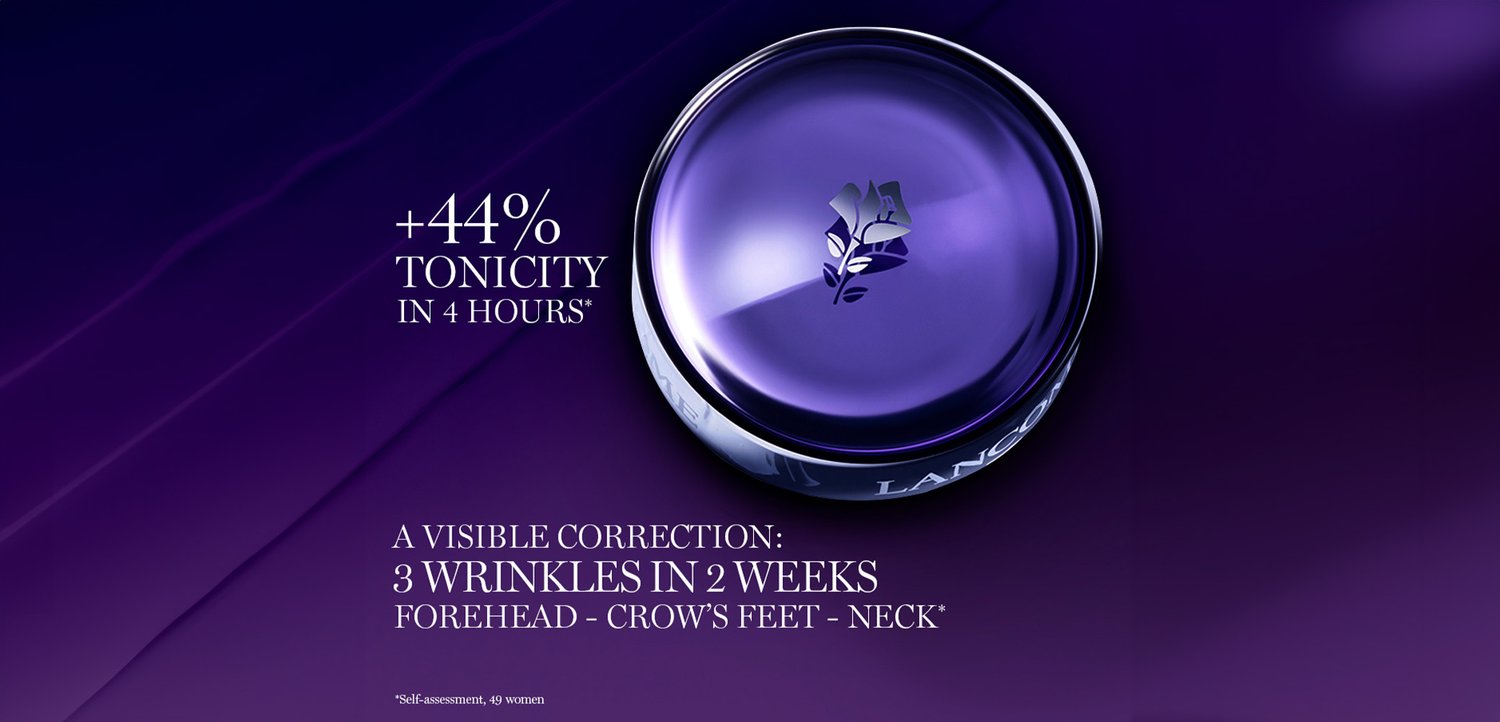 Lila Creme-Glas mit Logo auf einem dunkelvioletten Hintergrund, Text hervorhebt +44% Tonicität in 4 Stunden und sichtbare Faltenkorrektur in zwei Wochen.