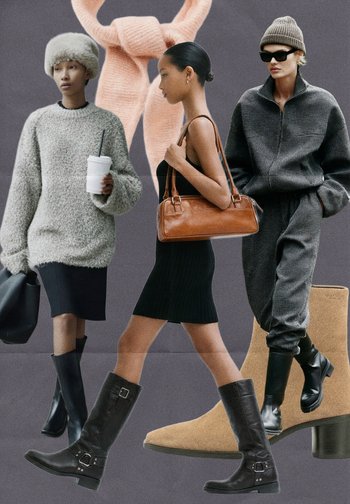 Three women wearing various outfits: a grey fuzzy jumper, a black ribbed dress, and a grey tracksuit. Featured footwear includes black and beige boots.