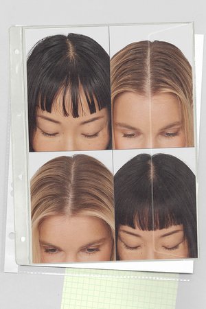 Four close-up images of hair, showing varying styles, colors (black, blonde, brown) and bangs. All images are in a clear plastic sleeve.