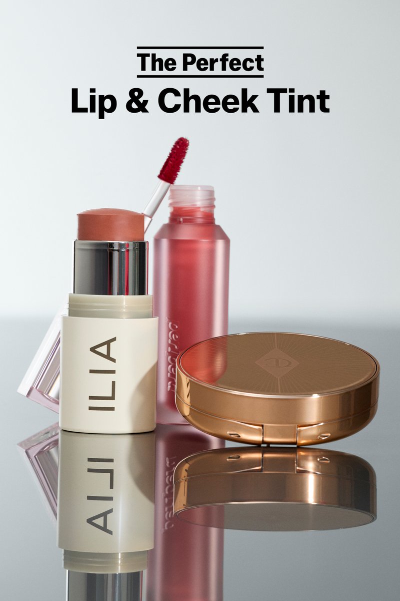 Three lip and cheek tint products displayed on a reflective surface with "The Perfect Lip & Cheek Tint" text above.