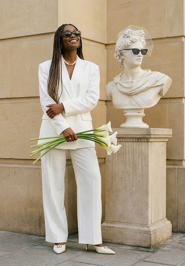 Woman in white suit holding calla lilies stands next to classical bust with sunglasses and netted veil against beige stone wall.
