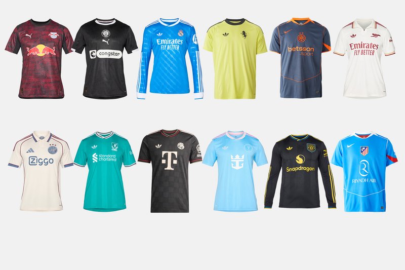 Douze maillots de football de divers clubs européens, présentés en deux rangées, avec différentes couleurs, sponsors et modèles à manches longues et courtes.