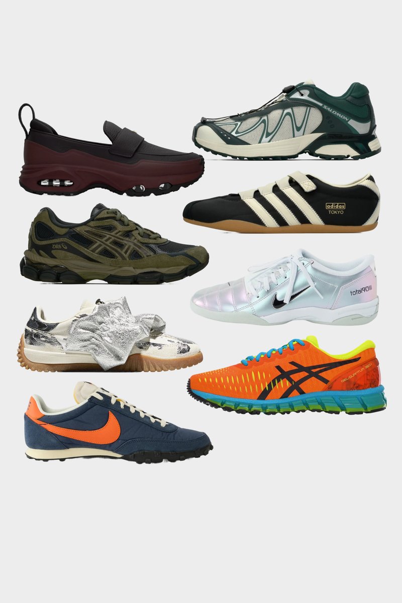 Seven diverse sneakers displayed against a white background, showcasing different brands, colours, styles, and sole designs arranged in two rows.