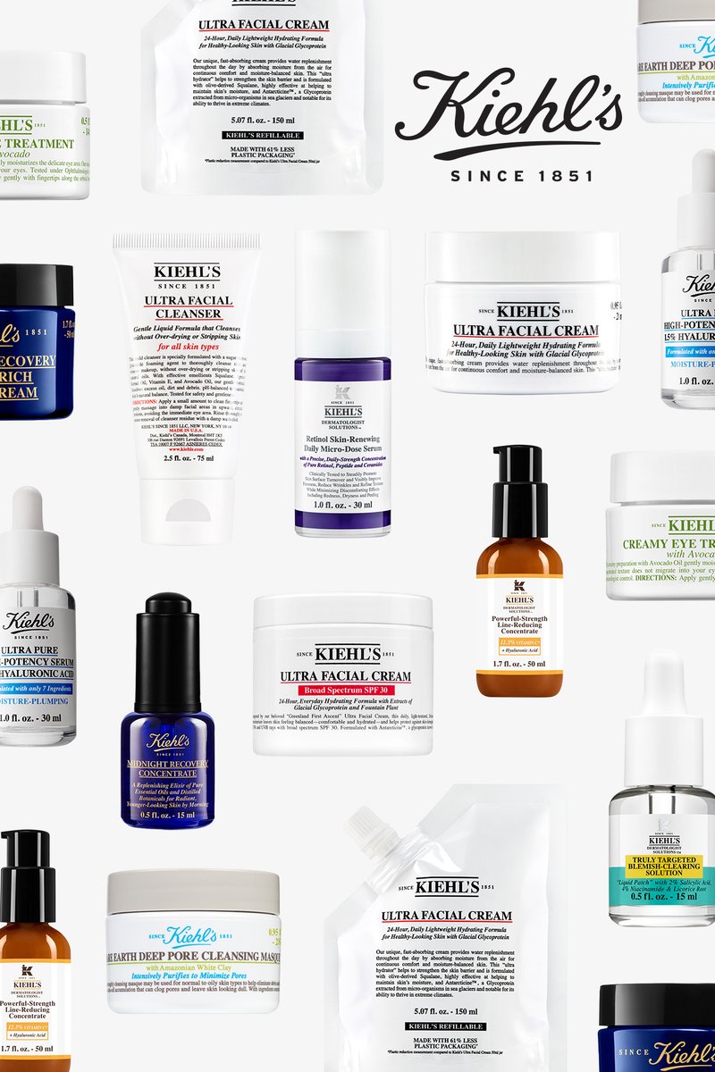 Collezione di prodotti per la cura della pelle Kiehl's in vari contenitori. Predominantemente blu e bianco, con diverse texture ed etichette, evidenziando gli ingredienti.