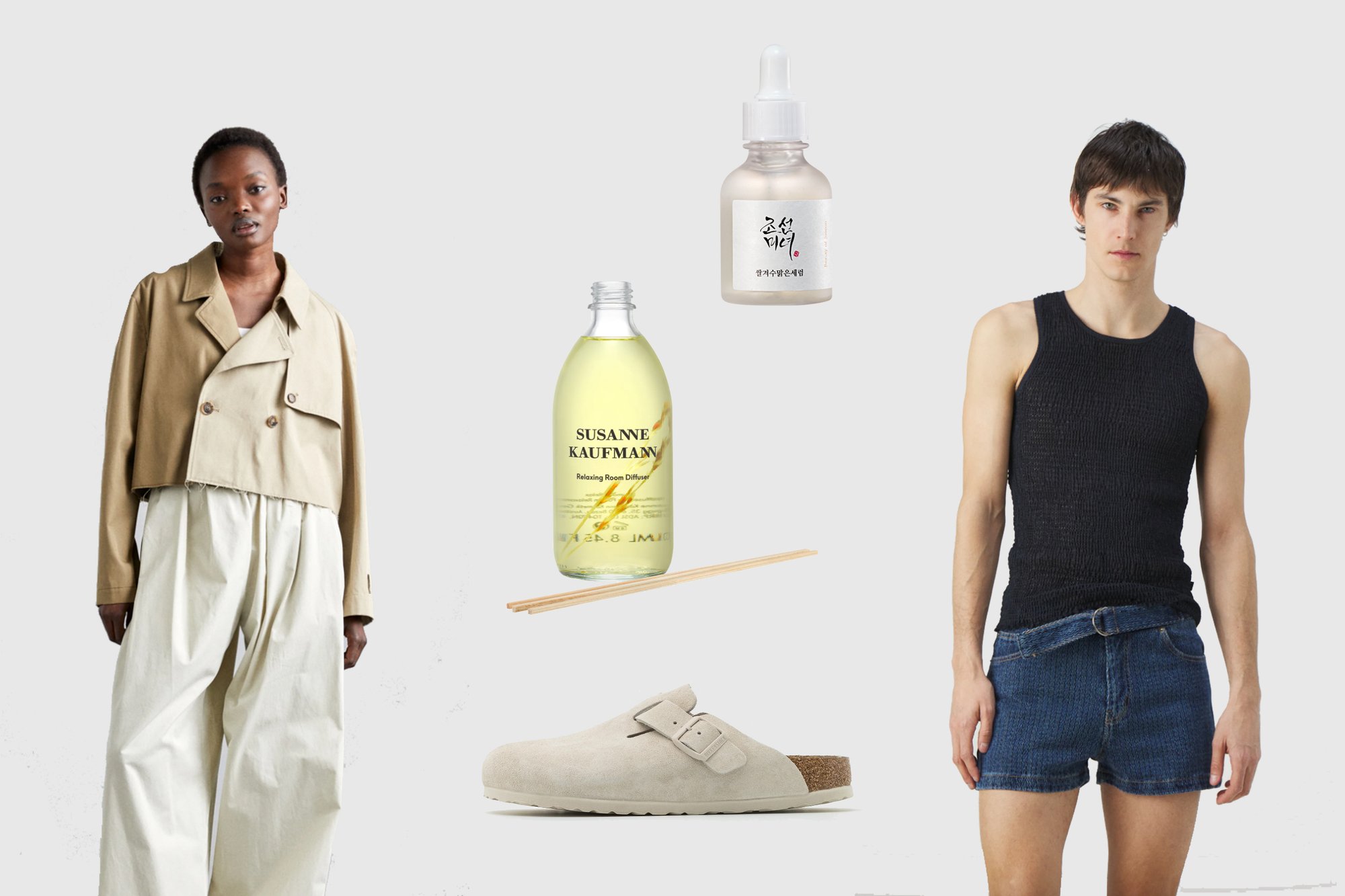 Een vrouw in een cropped tan jack en brede witte broek staat naast een man in een zwarte tanktop en denim shorts. Voorwerpen zijn onder andere een diffuser en instap schoenen.
