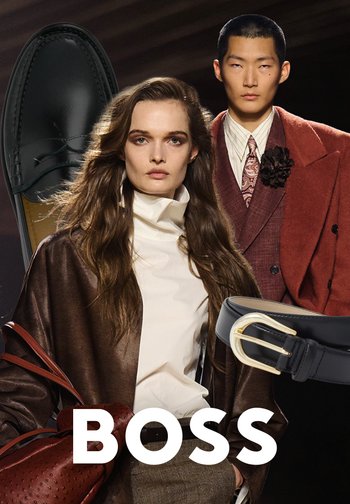 Woman and man in stylish fall outfits with leather bag, shoe, and belt accessories, branded with bold "BOSS" text.