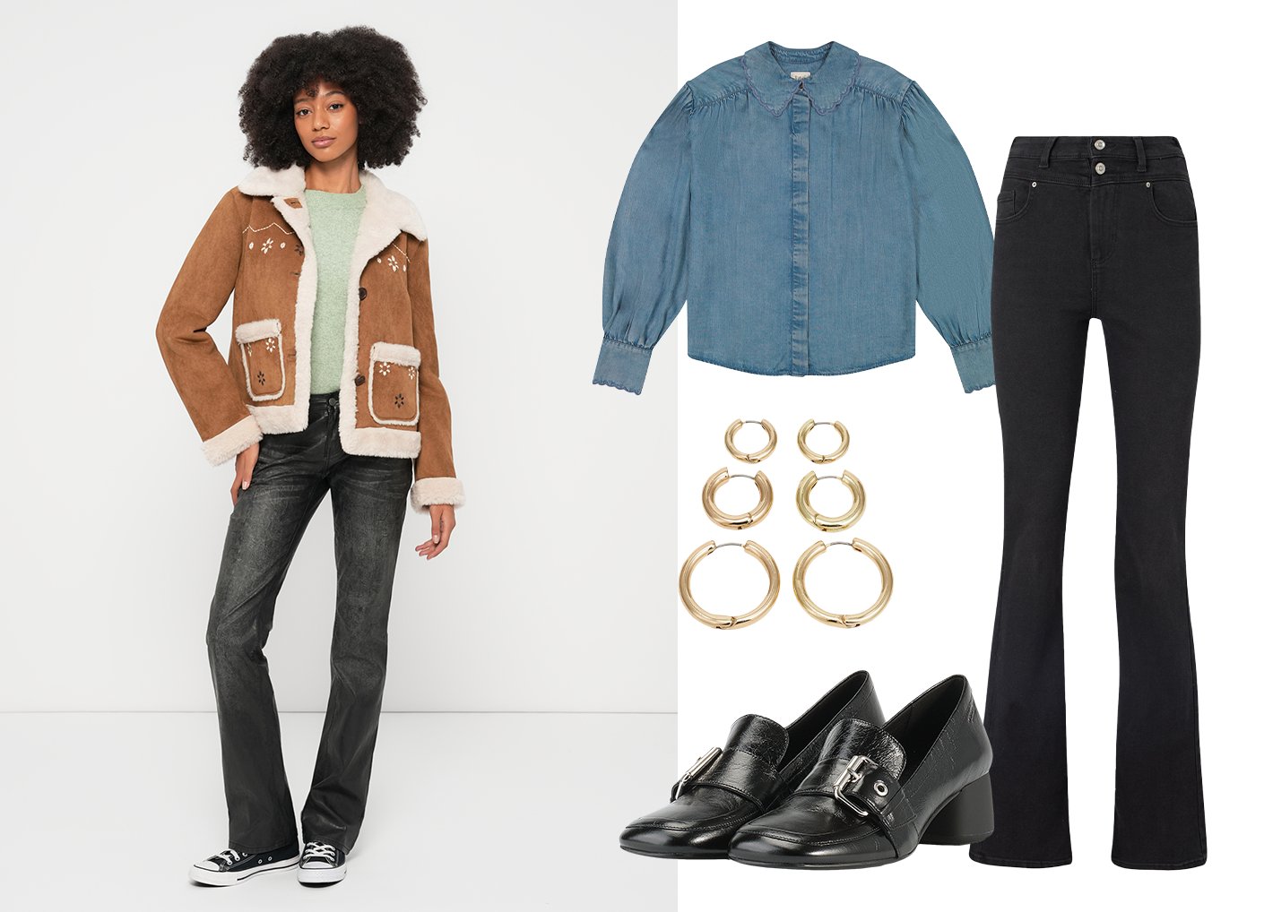 Brown suede jacket with white fur collar, green jumper, black flared jeans, black shoes, blue shirt, and gold hoop earrings.