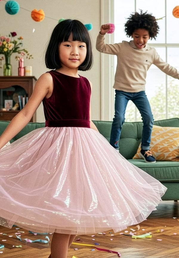 Mädchen in einem burgunderfarbenen und pinken Kleid dreht sich, während ein Junge auf einem grünen Sofa in einem dekorierten Wohnzimmer mit Konfetti auf dem Boden springt.