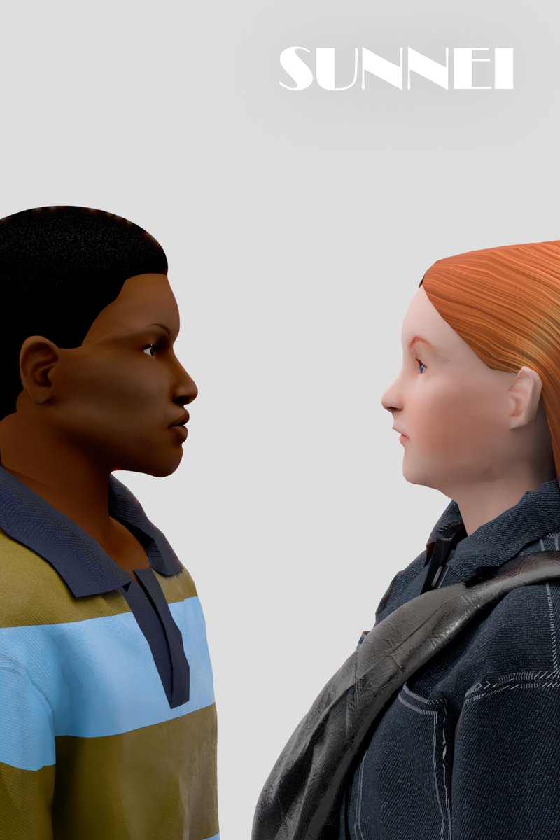 Two 3D characters face each other: a young boy with short dark hair in a striped shirt and a girl with long red hair wearing a denim jacket.