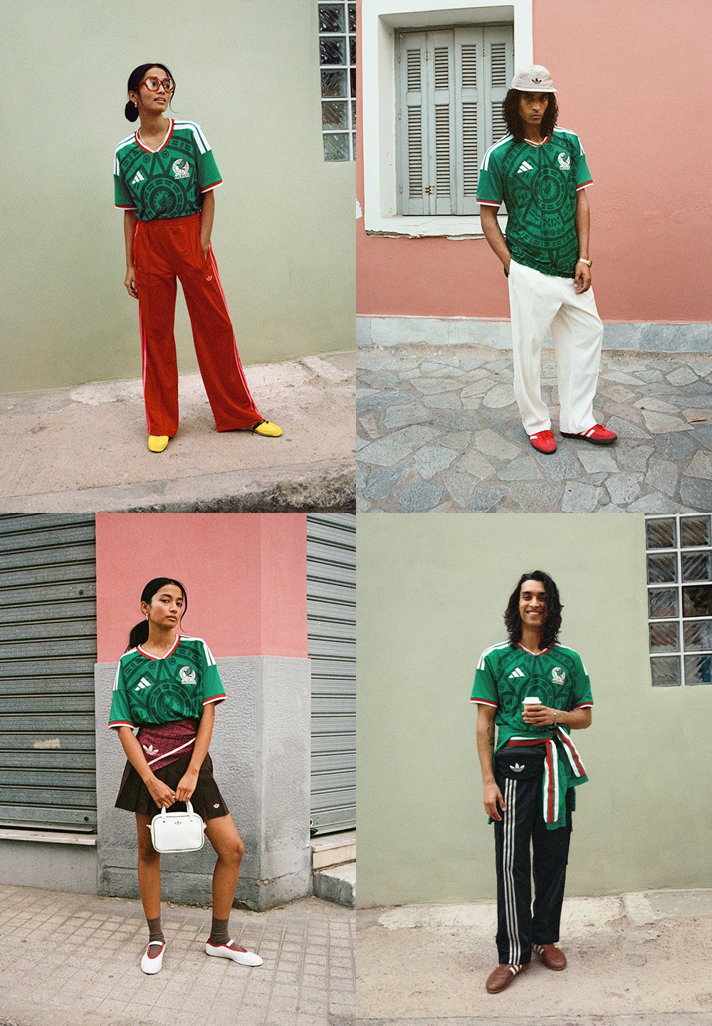 Cztery modelki prezentują zielone koszulki z grafiką Meksyku, w zestawieniu z różnorodnymi dolnymi częściami garderoby: czerwone spodnie, białe spodnie, spódnicę oraz spodnie dresowe.