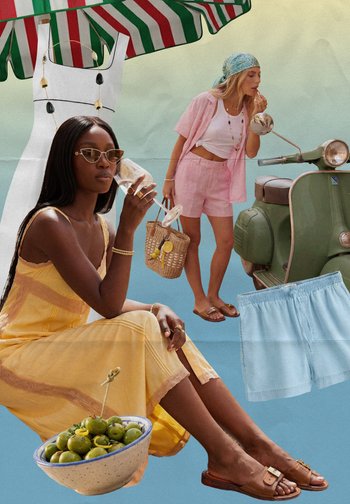 Woman in yellow dress sipping drink under striped umbrella, another in pink outfit applying lipstick by green scooter, bowl of olives nearby.