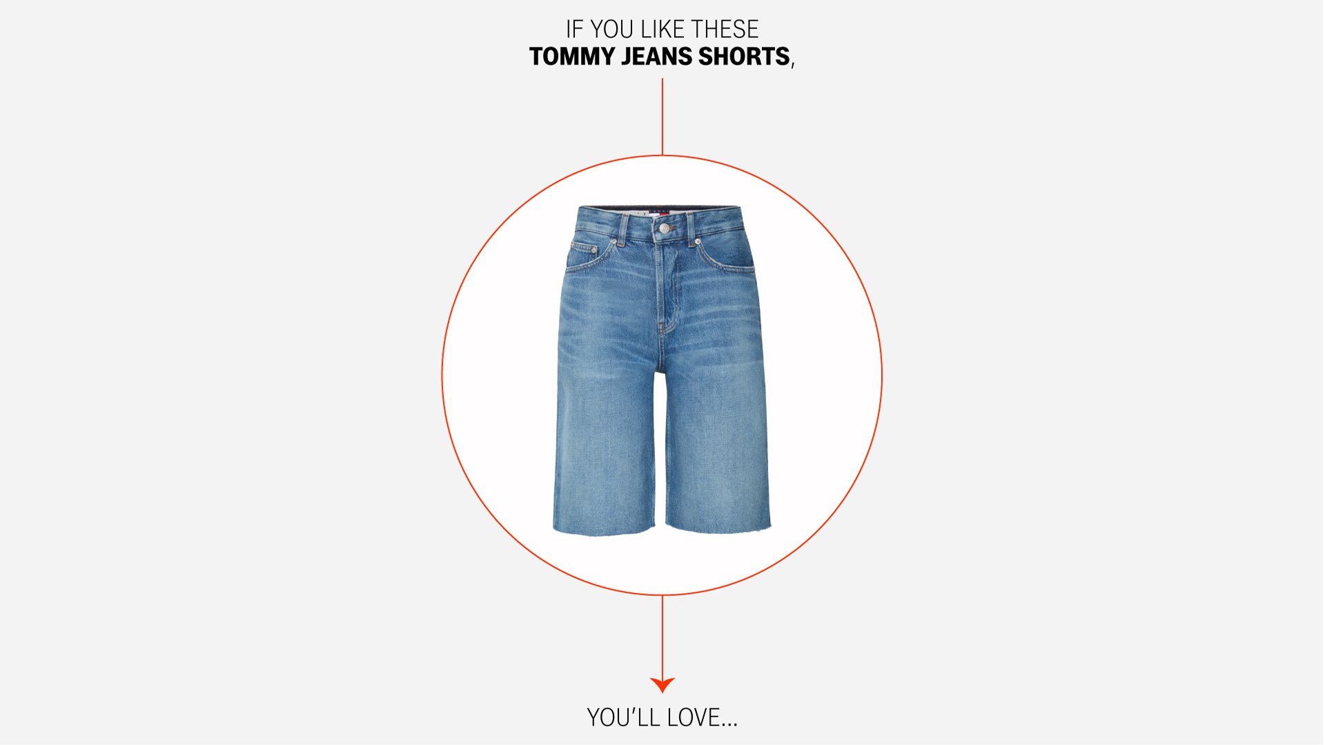 Pantalones cortos de mezclilla azul claro exhibidos en el centro con texto arriba y abajo que indica la marca y la recomendación. Diseño simple y moderno.