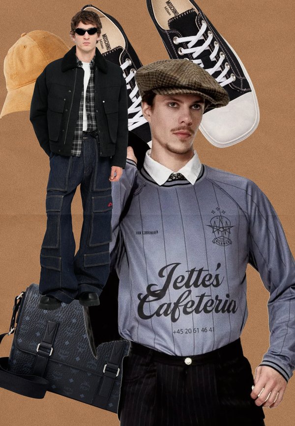 Black cord jacket, checked shirt, navy cargo trousers, grey long-sleeve jersey with text, brown cap, black trainers, black textured messenger bag.