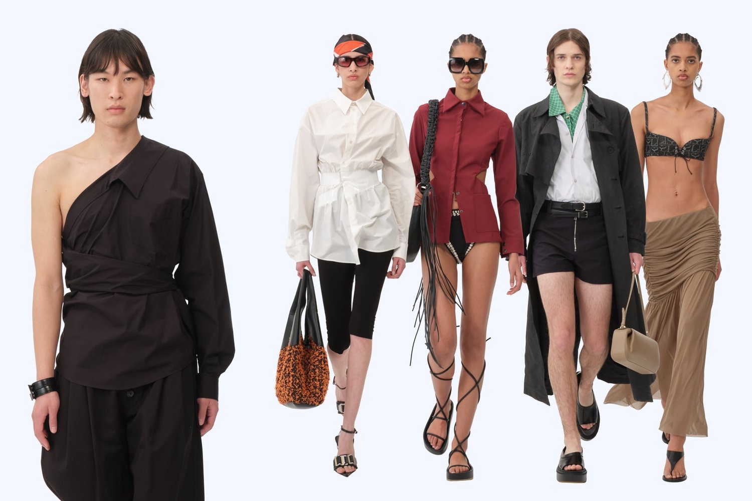 Five models showcase diverse fashion styles, featuring varying outfits and accessories against a light background.