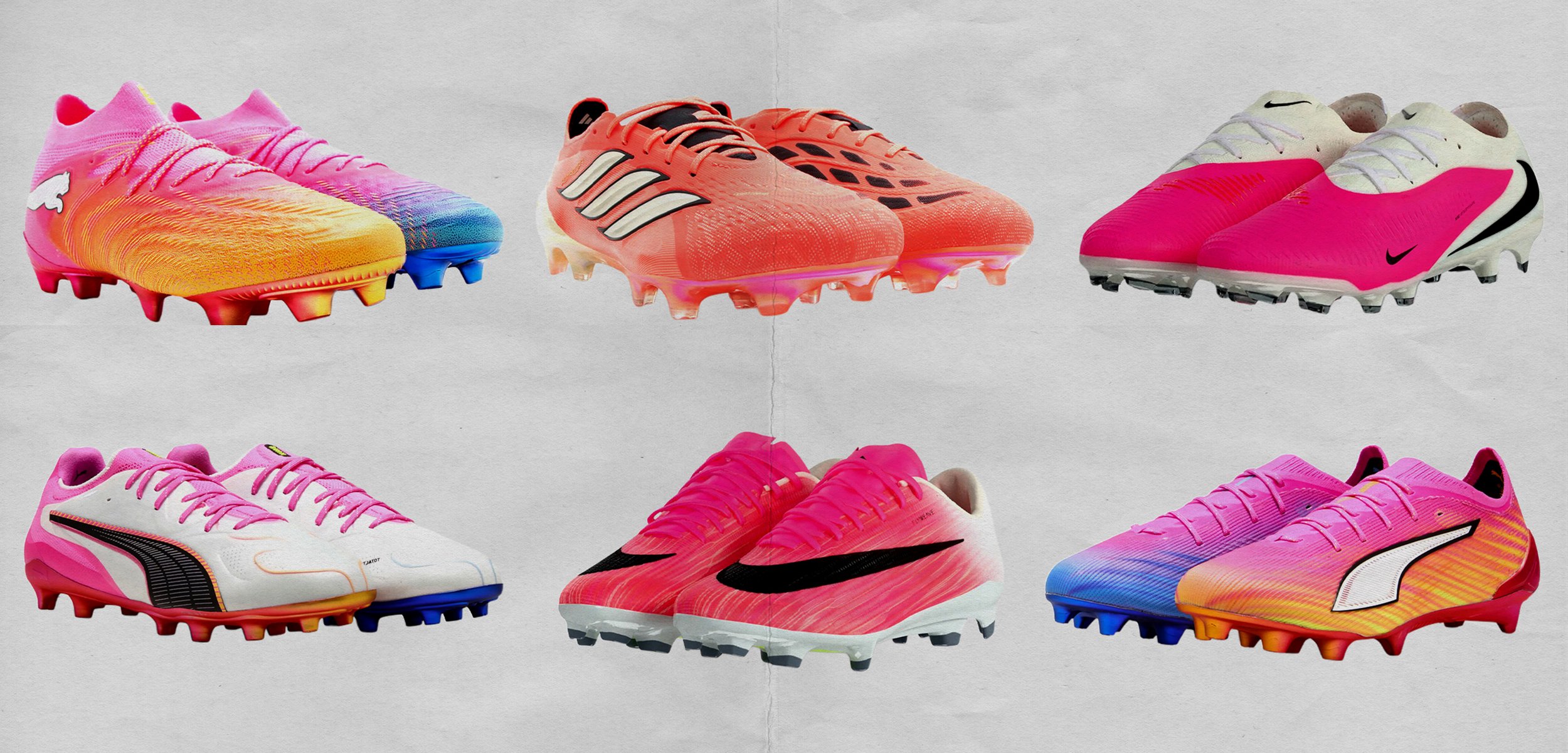 Sechs Paare bunter Fußballschuhe in Pink-, Orange-, Blau- und Weißtönen, in zwei Reihen auf weißem Hintergrund angeordnet.