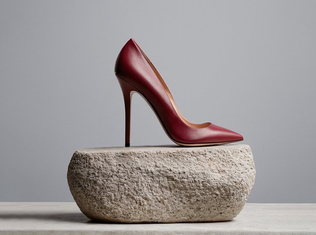 Glossy dark red high-heeled shoe with pointed toe displayed on a textured, rounded stone pedestal against a gray background.