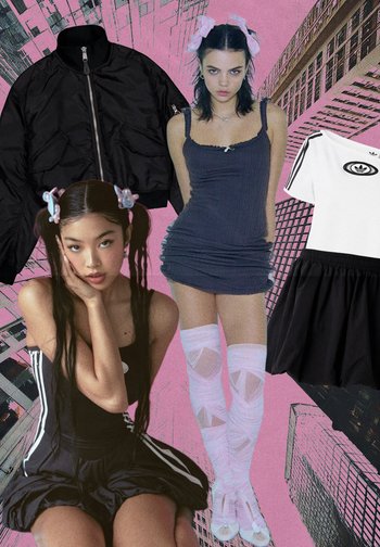 Schwarze Bomberjacke, dunkles geripptes Kleid, weißes Grafik-T-Shirt, plissierter schwarzer Rock und pinke Strümpfe in Oberschenkellänge mit transparenten Akzenten, vor einem pinken Hintergrund.