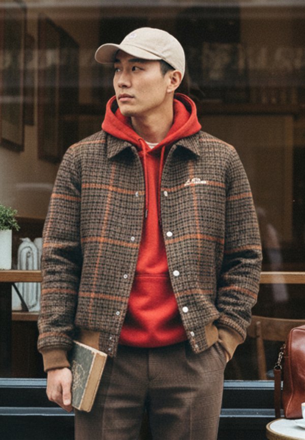 Mann mit beigem Hut, rotem Kapuzenpullover und braunem karierten Jackett, der ein Buch in der Hand hält und vor einem Caféfenster steht.