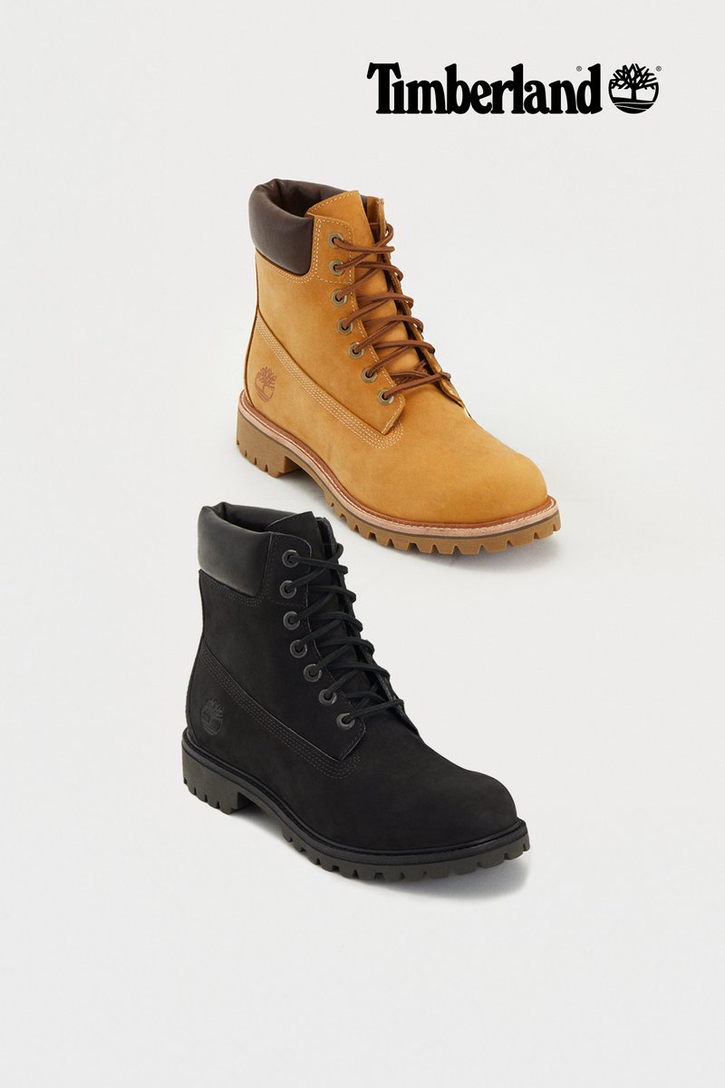 Timberland boots: tan suede and black nubuck, both featuring padded collars, round toes, metal eyelets, and thick rubber lug soles.