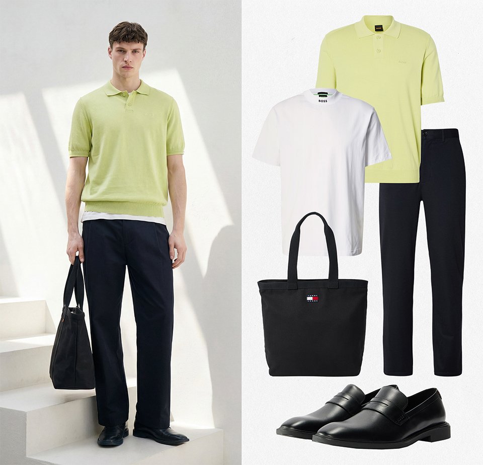 Mann in hellgrünem Poloshirt, weißem Unterhemd, schwarzer Hose und schwarzen Schuhen, hält eine schwarze Tragetasche; ähnliche Kleidung und Accessoires werden neben ihm gezeigt.
