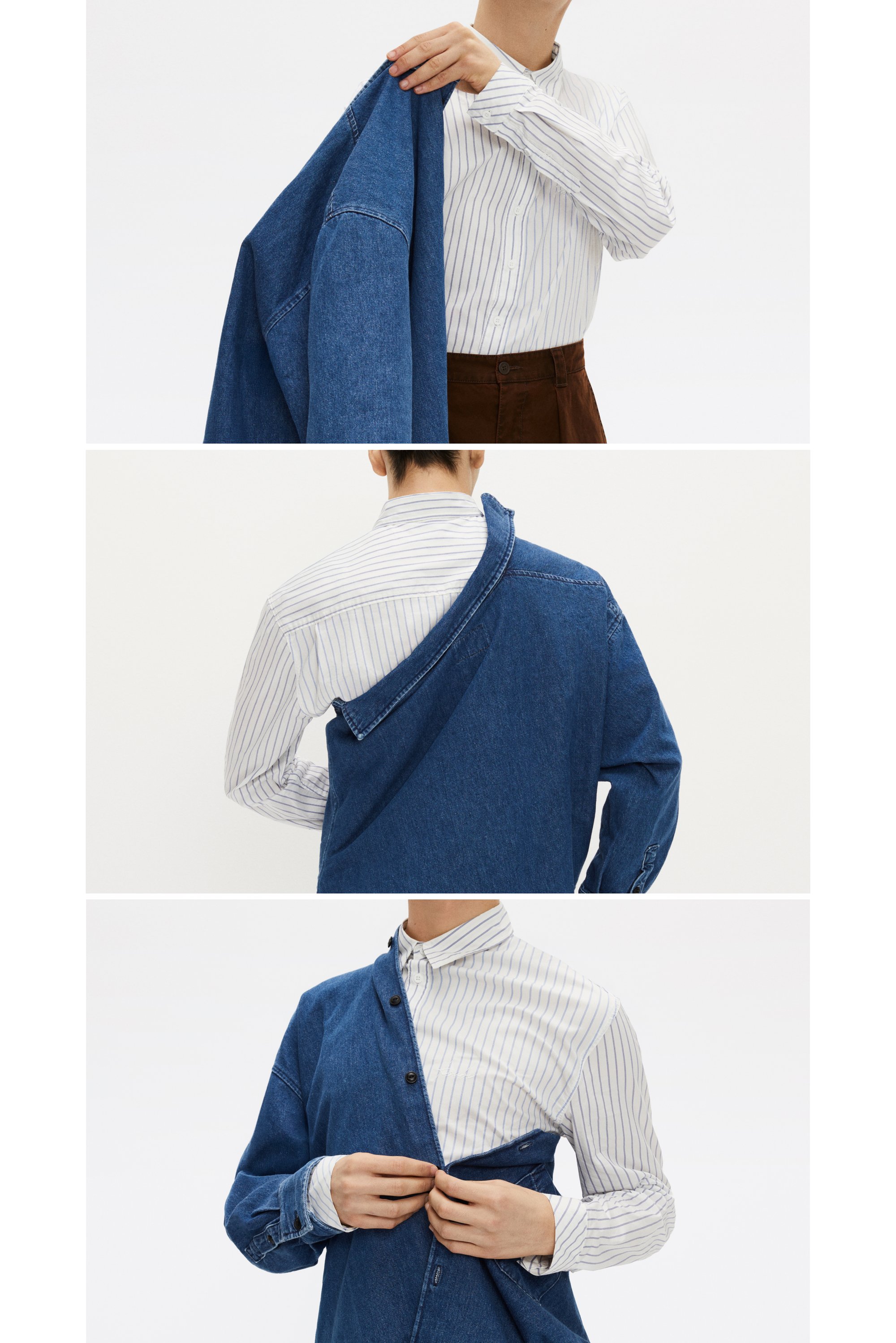 Una persona che indossa una camicia a righe rimuove una giacca di jeans, mostrando la transizione tra gli strati di abbigliamento in tre fasi.