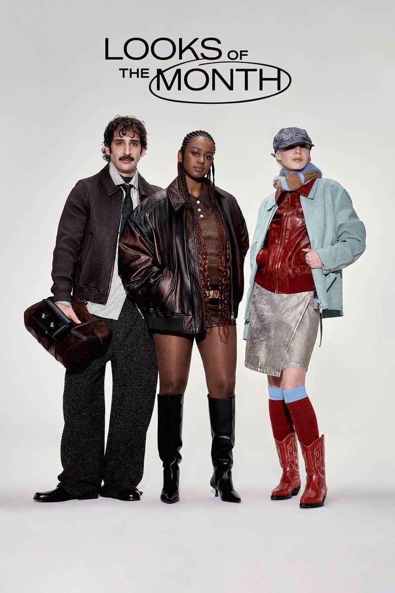 Three diverse models pose against a neutral background, showcasing trendy outfits: oversized jackets, stylish boots, and unique accessories.