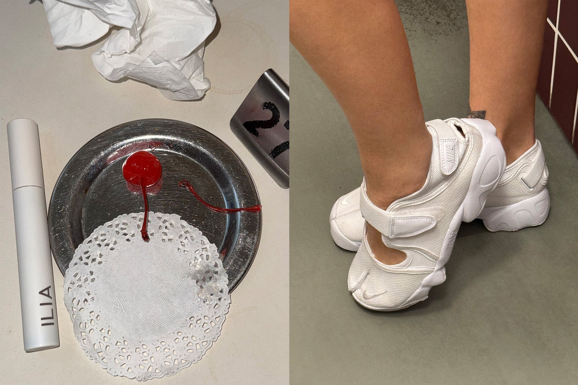 Una bandeja plateada sostiene una cereza roja y un camino de mesa, al lado de un tubo blanco de ILIA. Una persona lleva zapatillas Nike blancas, con un tatuaje visible en el tobillo.