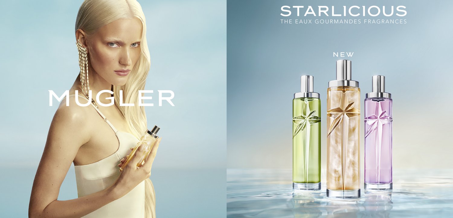 Mujer rubia con vestido blanco sosteniendo una botella de perfume Mugler junto a tres coloridas botellas de fragancia Starlicious sobre una superficie de agua reflectante.