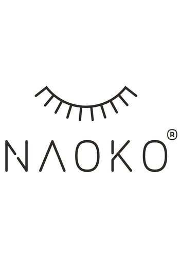 Logo z stylizowanym rzęsami nad słowem "NAOKO" w nowoczesnej czcionce, podkreślający prostotę i elegancję.