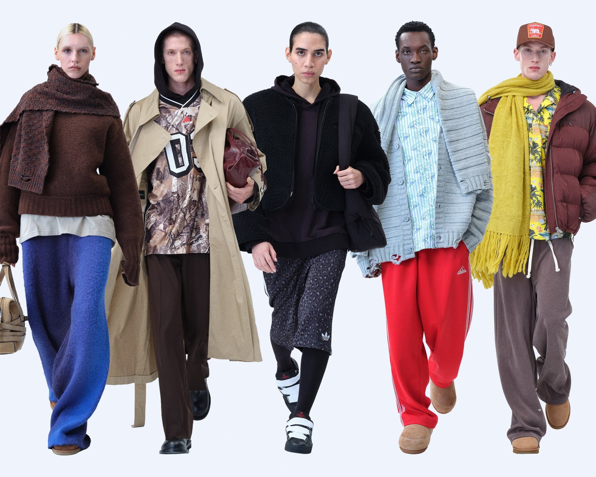Cinque figure indossano abbigliamento vario: maglioni in maglia, trench, pantaloni della tuta, camicie a fantasia e sciarpe. I colori notevoli includono marrone, grigio e rosso.