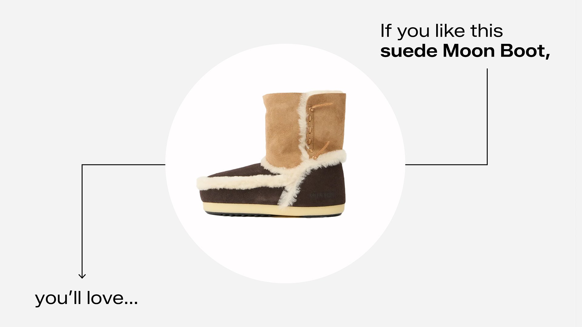 Stivale in camoscio con parte superiore color cuoio chiaro, parte inferiore marrone, fodera bianca soffice e suola texturizzata. Presenta un design distintivo con colori a contrasto.