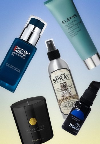 Five personal care products including Biotherm Homme gel, Elemis hydrating cleansing mousse, Mr Bear Family grooming spray, Rituals Velvet Oudh candle, and Easy eye boost cream.