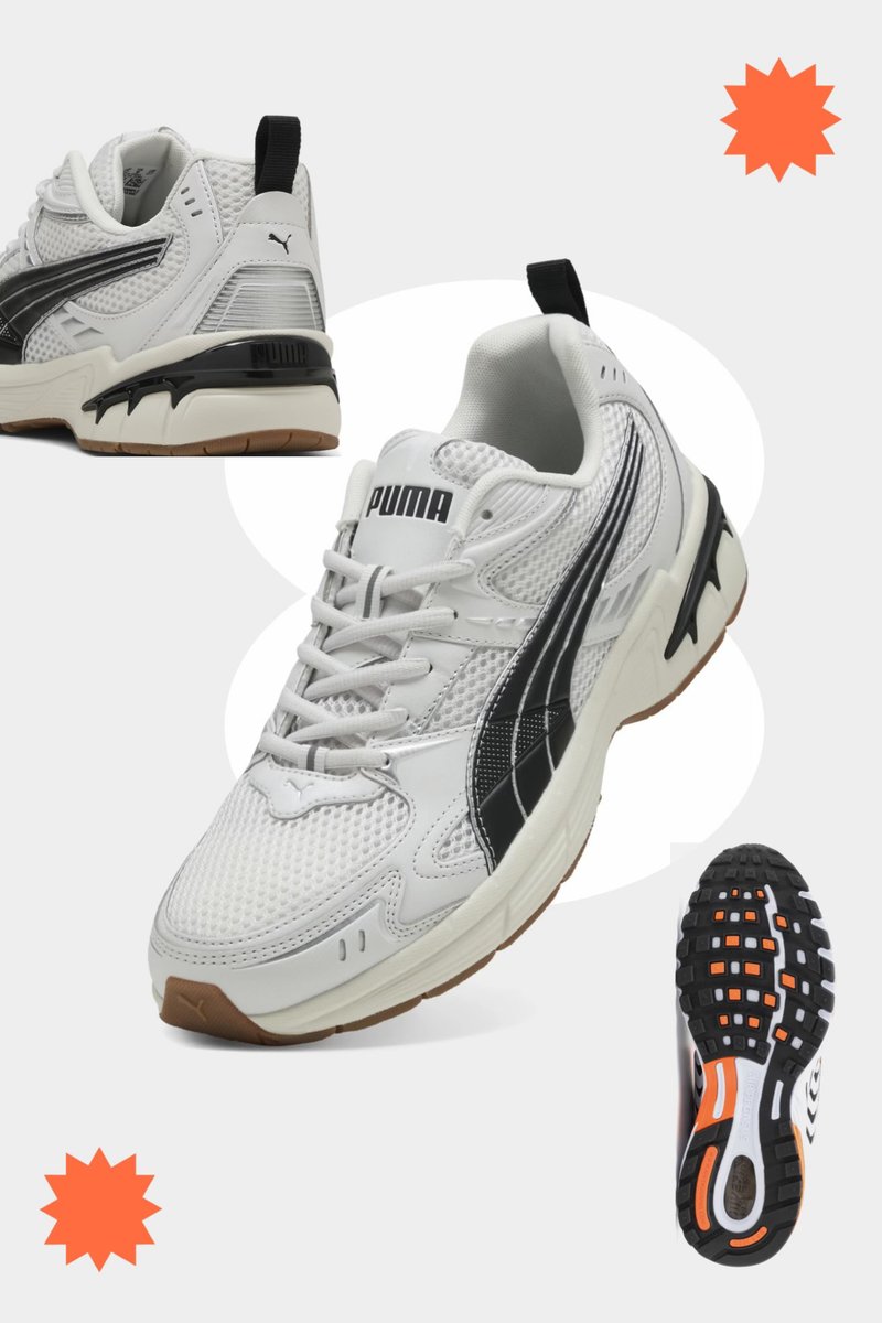 Adidași albi cu accente negre, parte superioară din plasă, talpă din cauciuc și un model de textură pentru aderență. Disponibil cu guler căptușit și un logo proeminent.