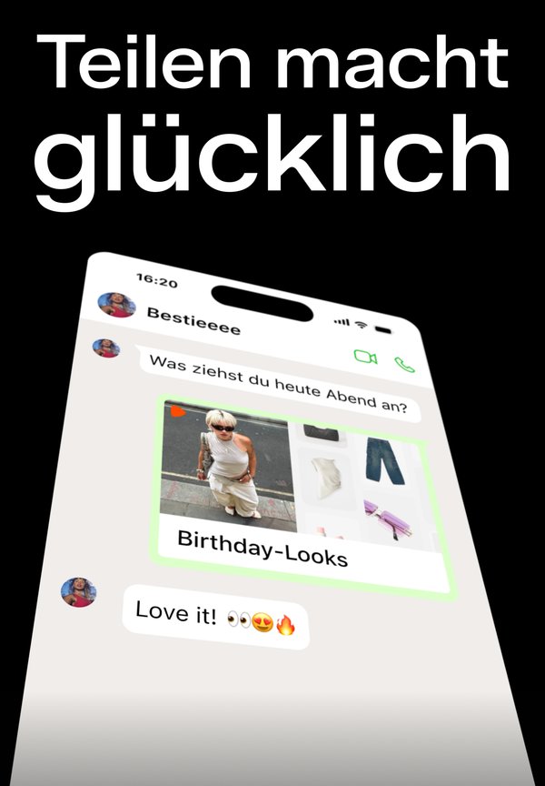 Smartphone-Interface, das einen Chat mit grauem Hintergrund anzeigt, mit einem Foto einer Person in einem weißen Outfit und Textkommentaren.