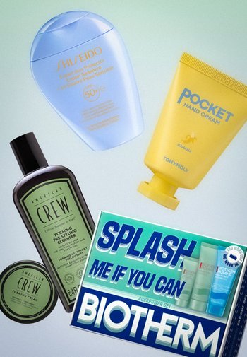 Shiseido Sonnencreme mit LSF 50+, TONYMOLY Bananen-Handcreme, American Crew Haarreiniger und -creme, Biotherm Herrenhautpflege-Geschenkset.