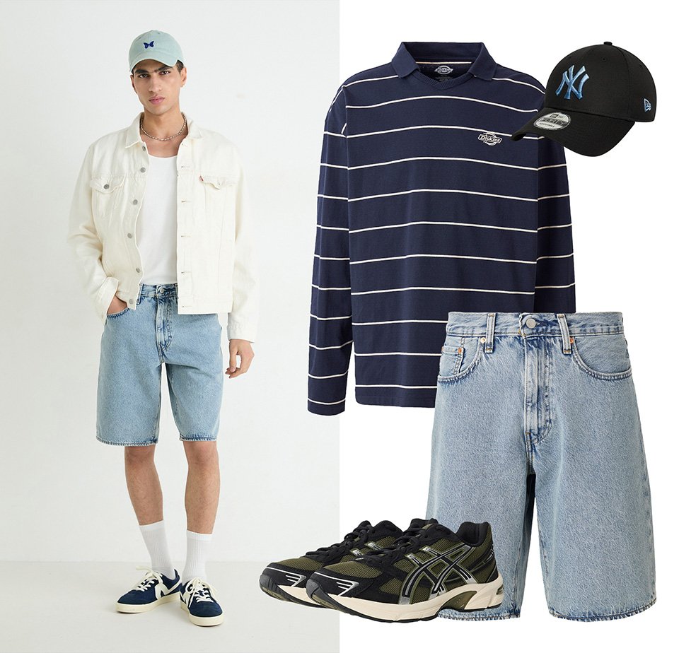 Mand iført hvid kasket, hvid jakke, hvid tanktop, lyseblå denim shorts, hvide sokker og marineblå sneakers; striped marineblå polo, denim shorts, sort kasket og sort-grønne sneakers.