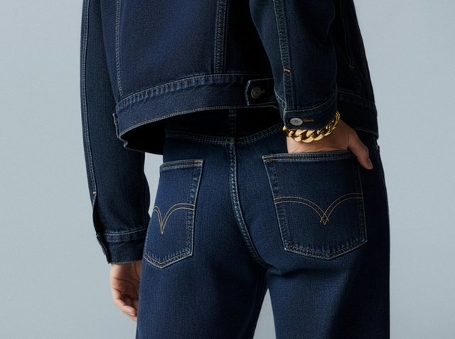 Mörkblå jeansjacka med en kort skuren design och silverdetaljer, kombinerad med högmidjade jeans som har distinkt sömnad på bakfickorna.