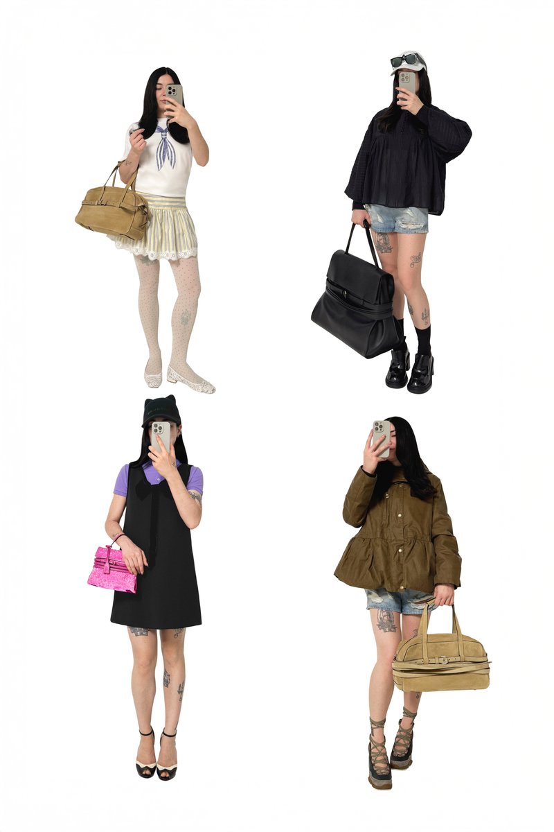 Quattro individui sfoggiano abiti unici, ognuno con una borsa. Gli stili includono una gonna, top sovrapposti e vari modelli di scarpe, il tutto su uno sfondo bianco.