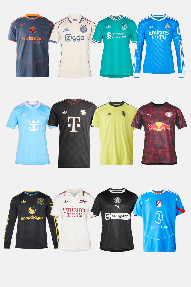 Neuf maillots de football de différents clubs européens aux couleurs et designs variés, disposés en trois rangées sur un fond blanc.