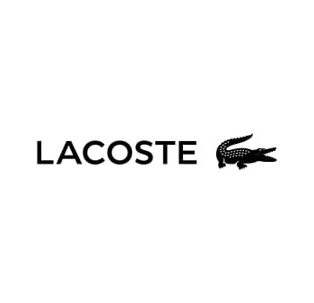 Schwarzer Text "LACOSTE" über einem schwarzen Krokodil-Logo, einfache serifenlose Schriftart, ohne Hintergrund oder zusätzliche Details.