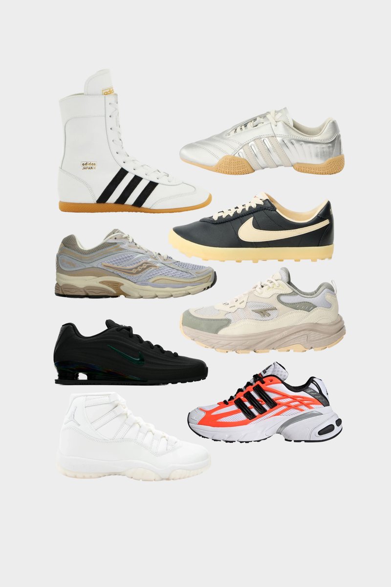 A collection of eight trainers featuring various designs, materials, and colours, including white, black, silver, and orange accents.