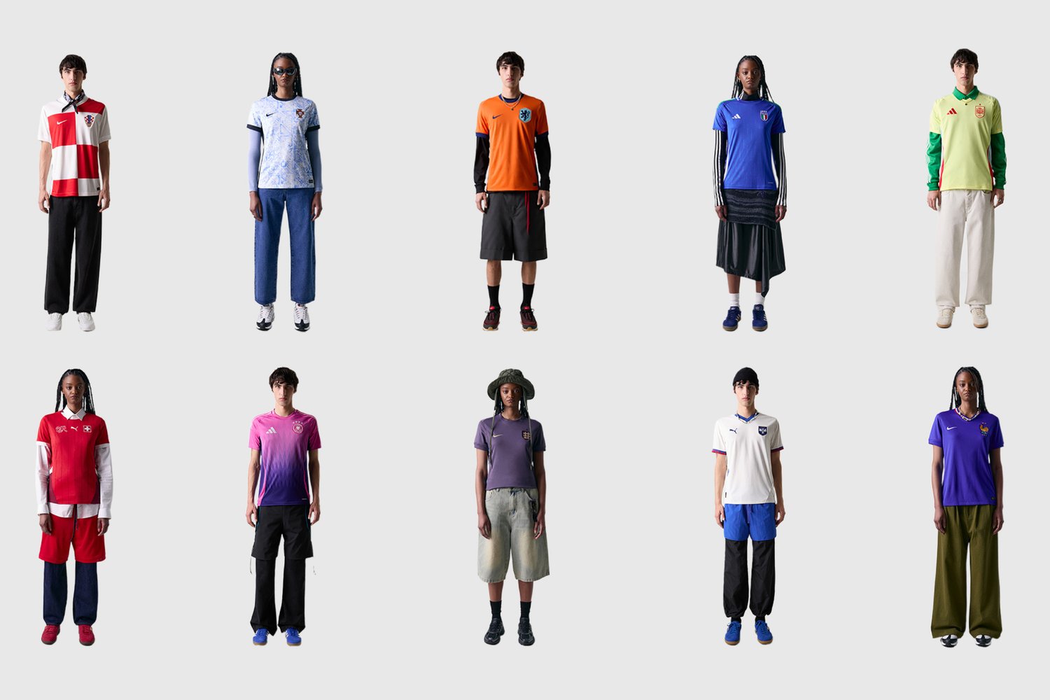 Model in a variety of sporty outfits, showcasing diverse colors and styles, arranged in a grid against a neutral background.