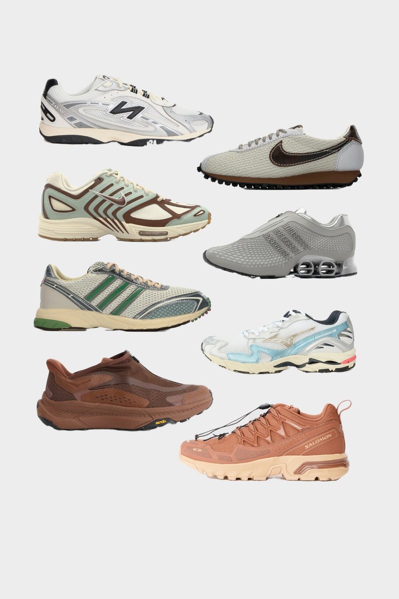 Kollektion av åtta sneakers med olika material, färger och designer. Inkluderar mesh, läder och strukturella element i nyanser av grått, brunt och pastell.