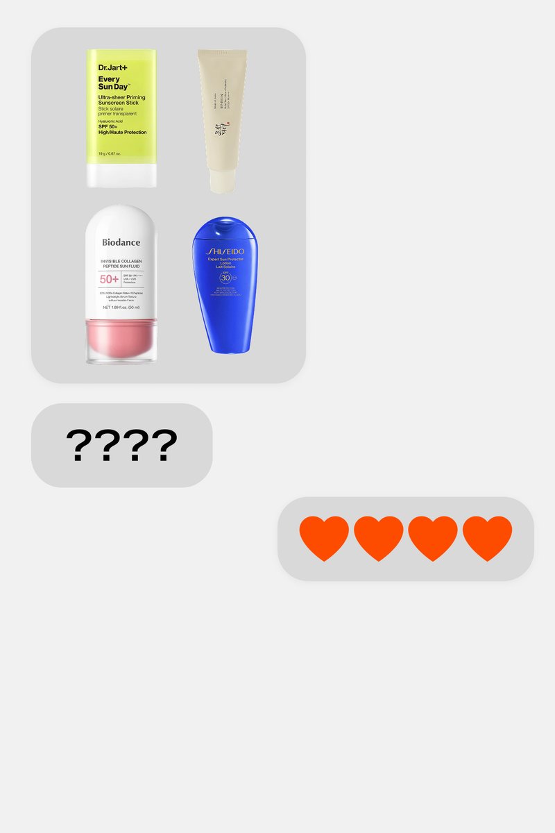 Four sunscreen products with different packaging above two chat bubbles displaying question marks and four red heart emojis.
