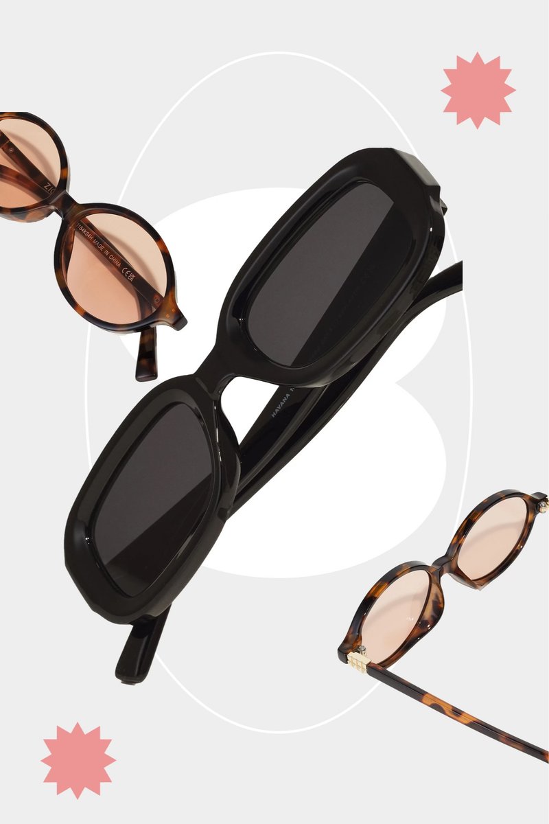 Două perechi de ochelari de soare: o pereche ovală, cu rame din scoică de țestoasă maronie și lentile colorate; o pereche supradimensionată, neagră, rectangulară, cu lentile întunecate.