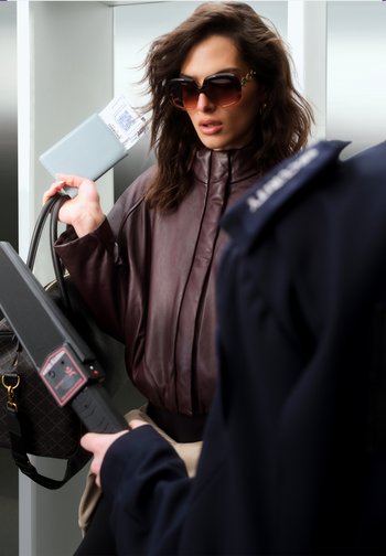 En brun læderjakke med plisséer, oversized solbriller og en lyseblå pung med boardingkort. En sort taske holdes i den anden hånd.