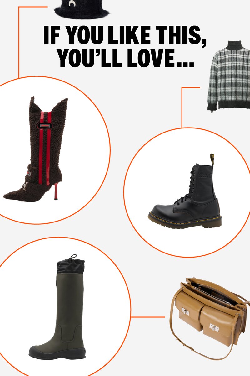Collection of fashion items: fuzzy hat, high-heeled boots, rain boots, black ankle boots, handbag, fragrance, and a plaid sweater.
